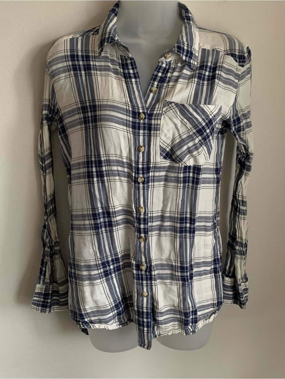 girl krazy White and Navy Plaid Button-Down Shirt